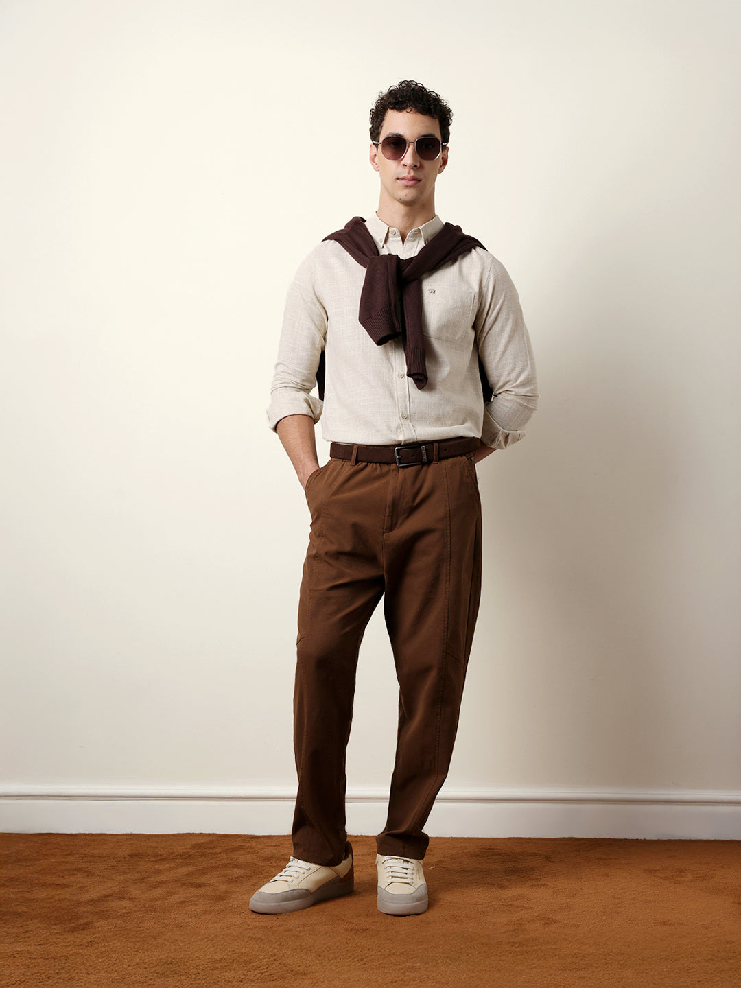 Light Cream Slub-Textured Woven Slim Fit Casual Shirt