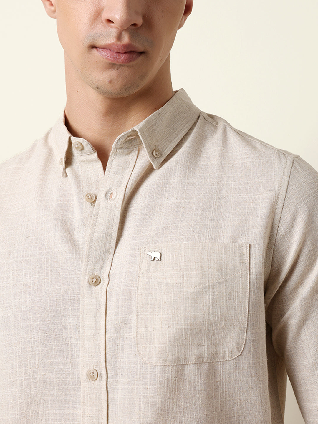 Light Cream Slub-Textured Woven Slim Fit Casual Shirt