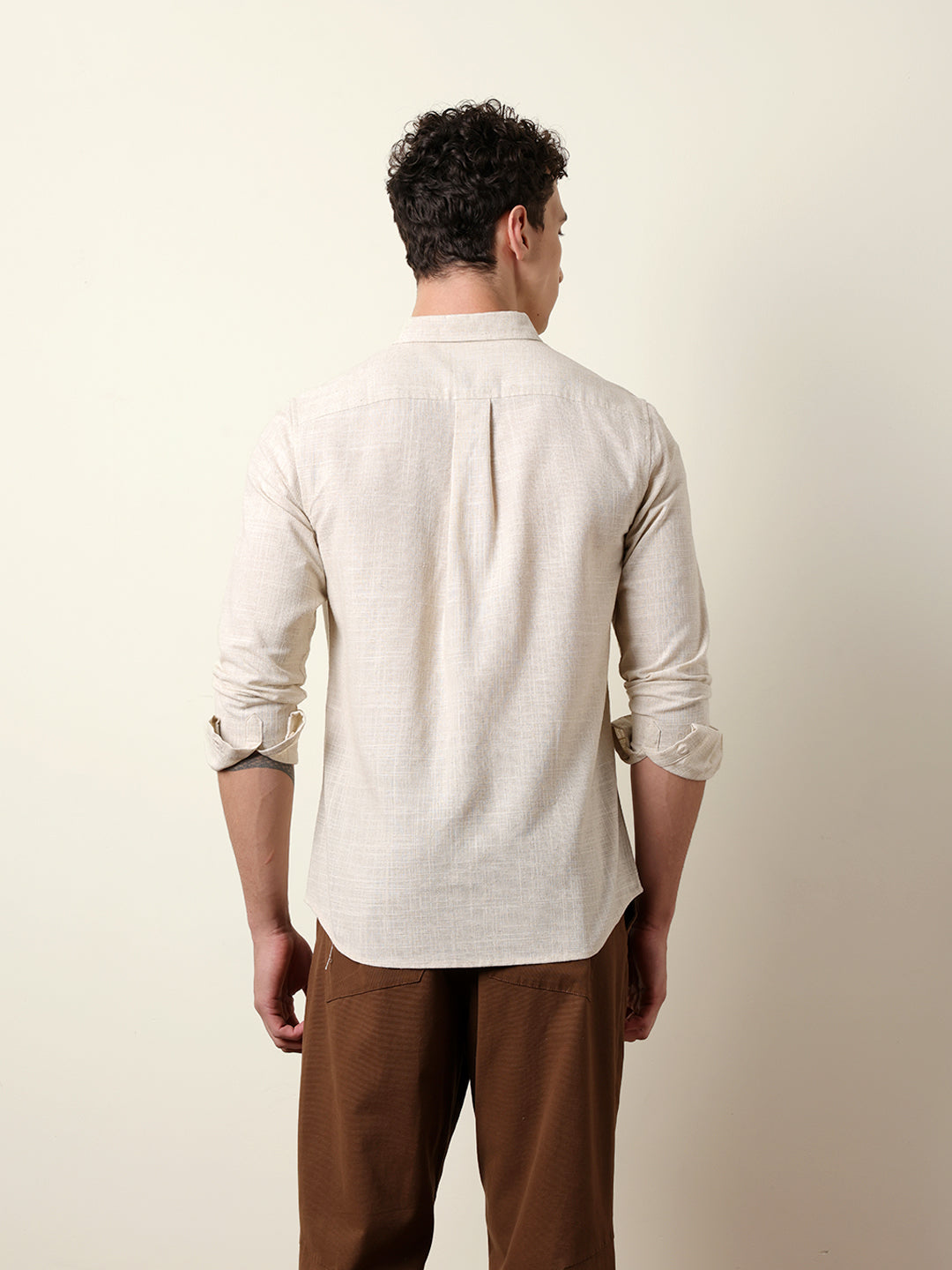 Light Cream Slub-Textured Woven Slim Fit Casual Shirt
