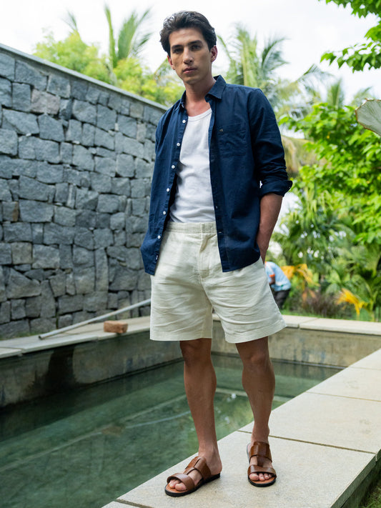 Blue Cotton Linen Slim Fit Solid Casual Shirt