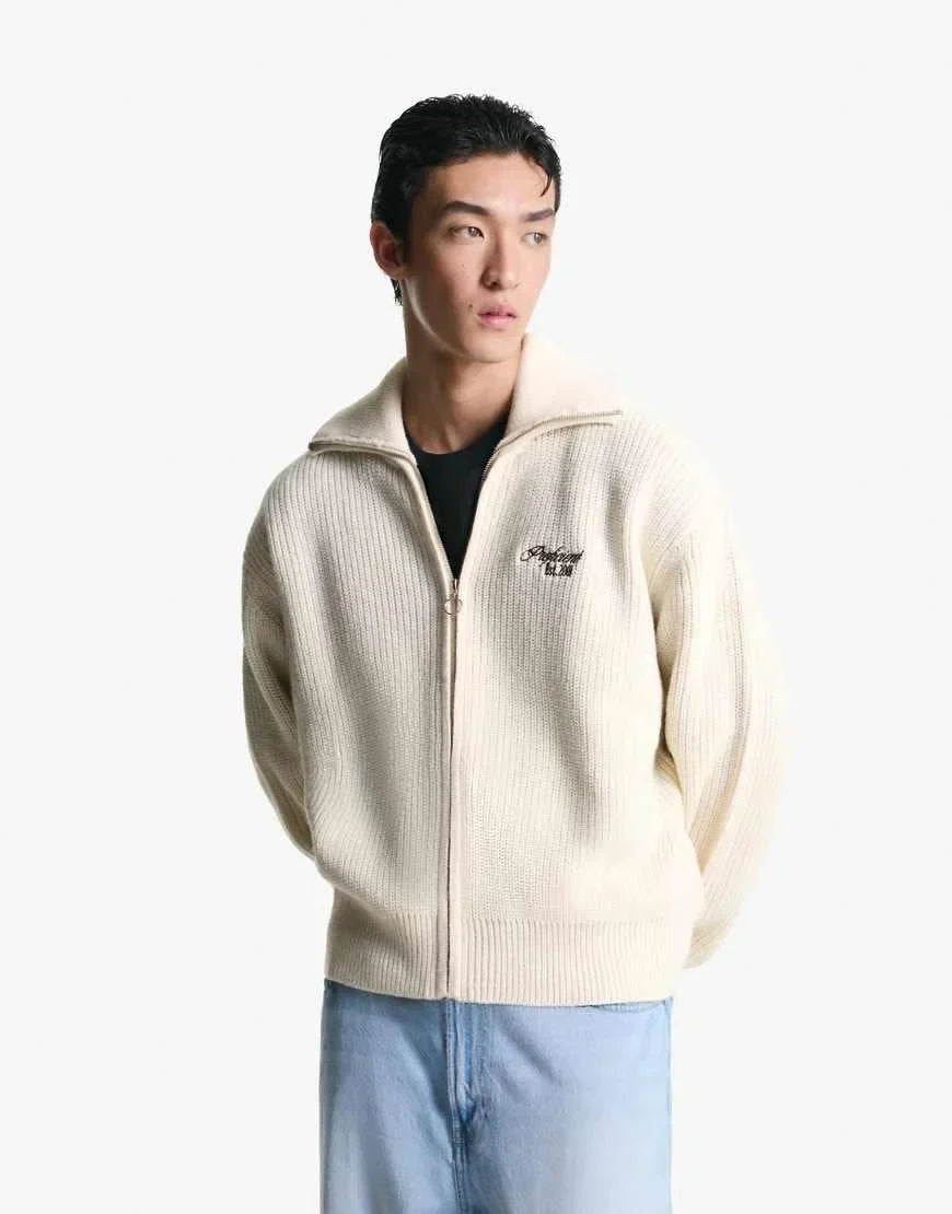 Men's White Embroidered Textured Zip-up Jacket