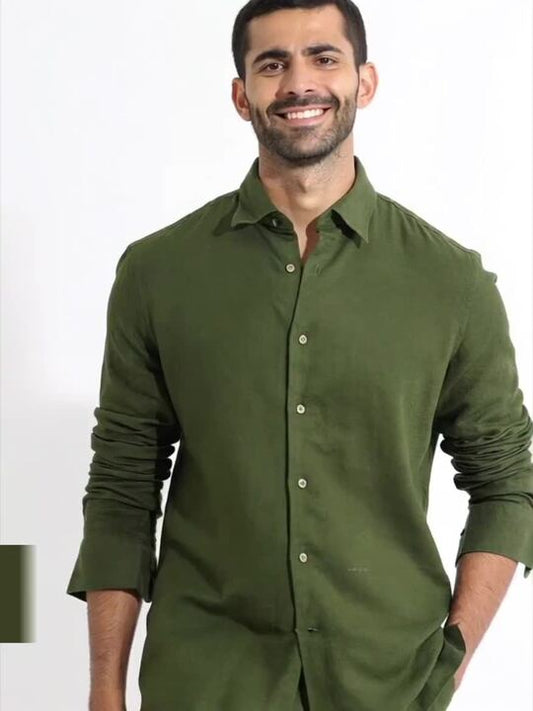 Men's Olive Green Solid Casual Shirt | Premium Cotton Linen Blend | Regular Fit | Full Sleeve