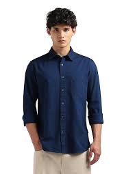 Men's Navy Blue Solid Casual Shirt | Premium Cotton Blend | Regular Fit | Roll-Up Sleeve