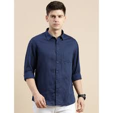 Men's Navy Blue Solid Casual Shirt | Premium Cotton Blend | Regular Fit | Roll-Up Sleeve