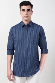 Men's Navy Blue Vertical Striped Casual Shirt | Premium Cotton Blend | Slim Fit | Full Sleeve