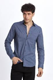 Men's Navy Blue Vertical Striped Casual Shirt | Premium Cotton Blend | Slim Fit | Full Sleeve