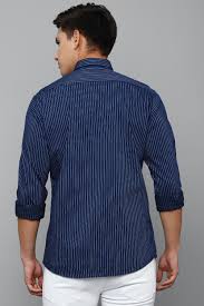 Men's Navy Blue Vertical Striped Casual Shirt | Premium Cotton Blend | Slim Fit | Full Sleeve
