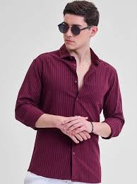 Men's Maroon Pinstripe Casual Shirt | Premium Cotton Blend | Slim Fit | Full Sleeve