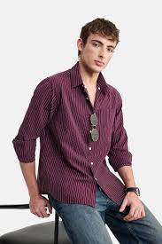 Men's Maroon Pinstripe Casual Shirt | Premium Cotton Blend | Slim Fit | Full Sleeve