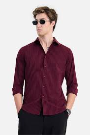 Men's Maroon Pinstripe Casual Shirt | Premium Cotton Blend | Slim Fit | Full Sleeve