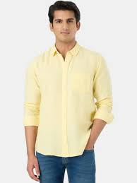 Men's Pastel Yellow Solid Casual Shirt | Premium Cotton Linen Blend | Regular Fit | Full Sleeve