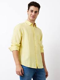 Men's Pastel Yellow Solid Casual Shirt | Premium Cotton Linen Blend | Regular Fit | Full Sleeve