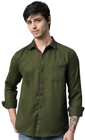 Men's Olive Green Solid Casual Shirt | Premium Cotton Linen Blend | Regular Fit | Full Sleeve