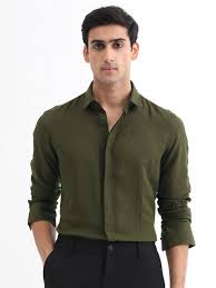 Men's Olive Green Solid Casual Shirt | Premium Cotton Linen Blend | Regular Fit | Full Sleeve