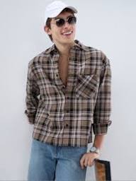 Muted Olive Plaid Checks Boxy Fit Crop Shirt