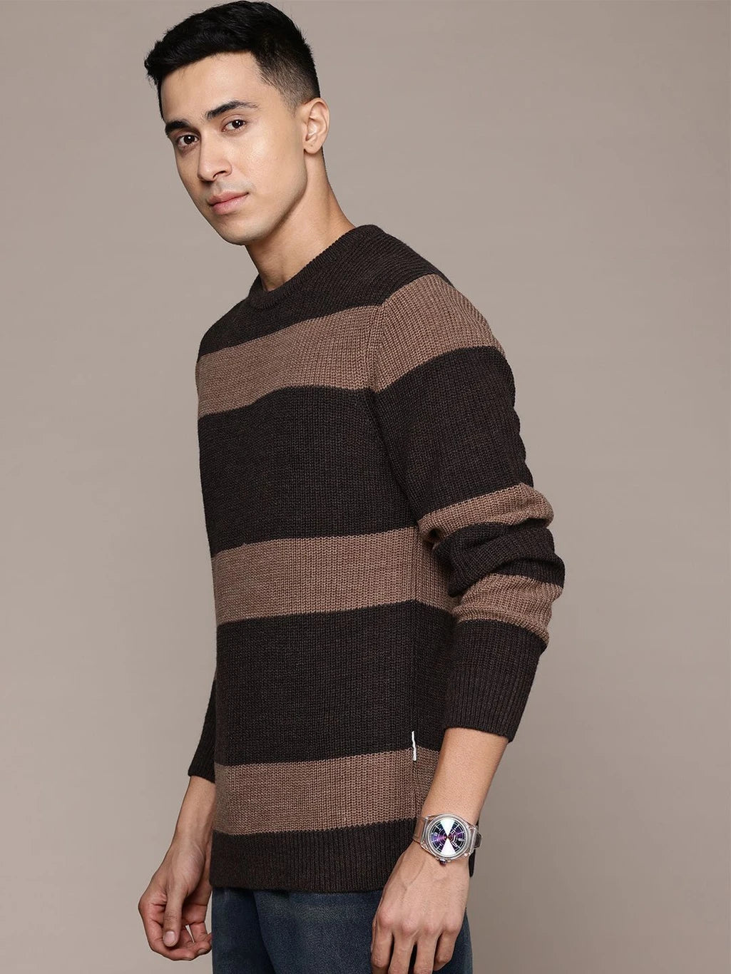 Men Striped Round Neck Brown Sweatshirt