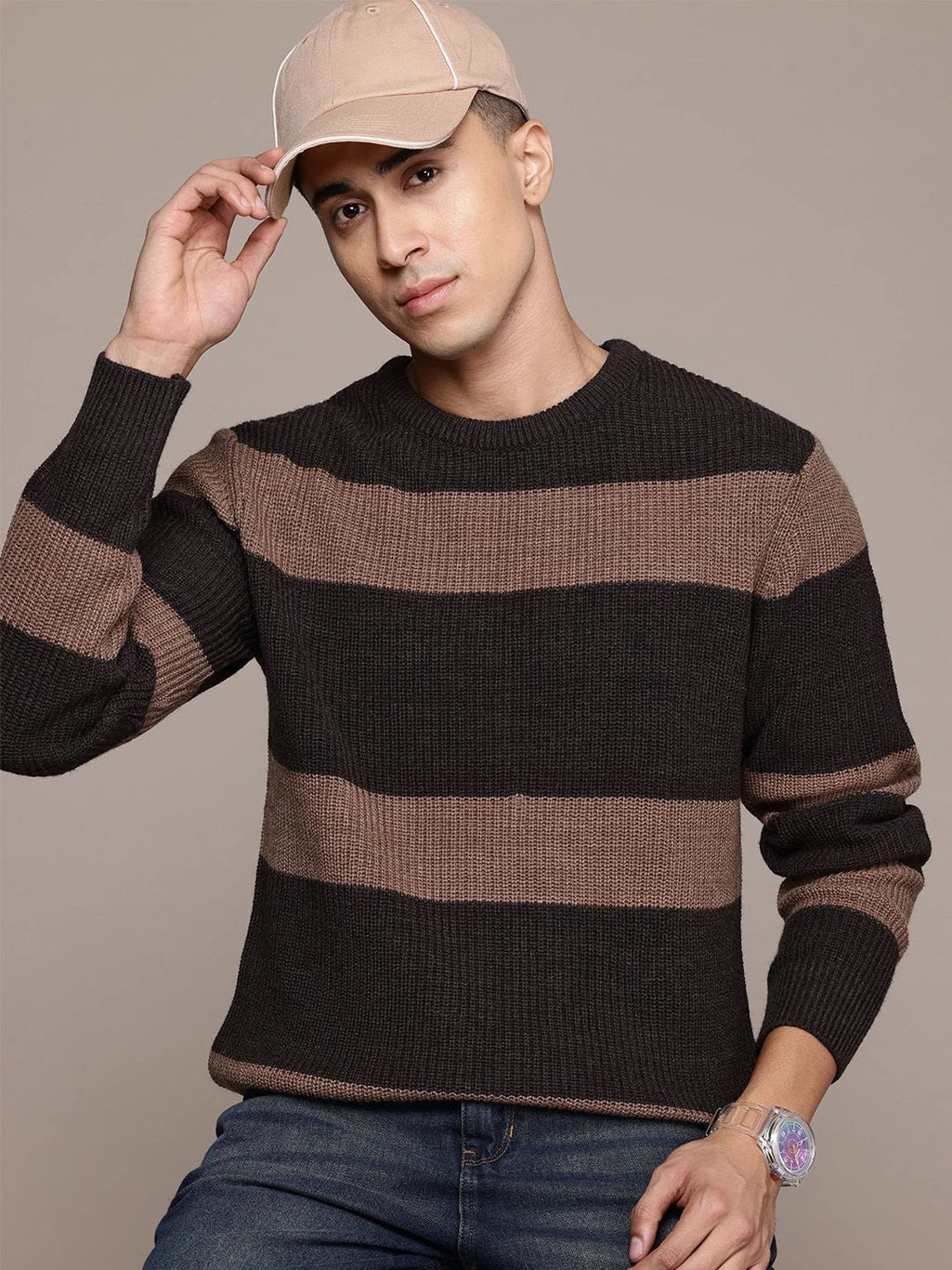 Men Striped Round Neck Brown Sweatshirt
