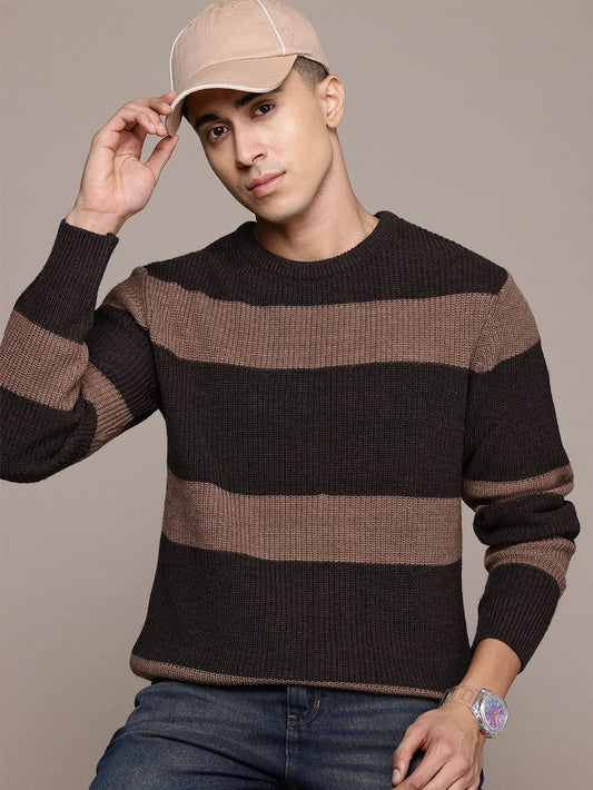 Men Striped Round Neck Brown Sweatshirt