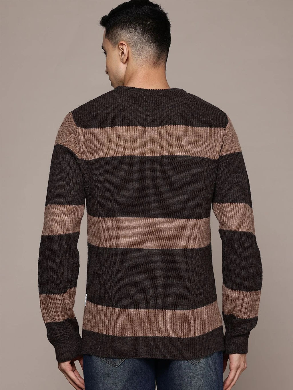Men Striped Round Neck Brown Sweatshirt