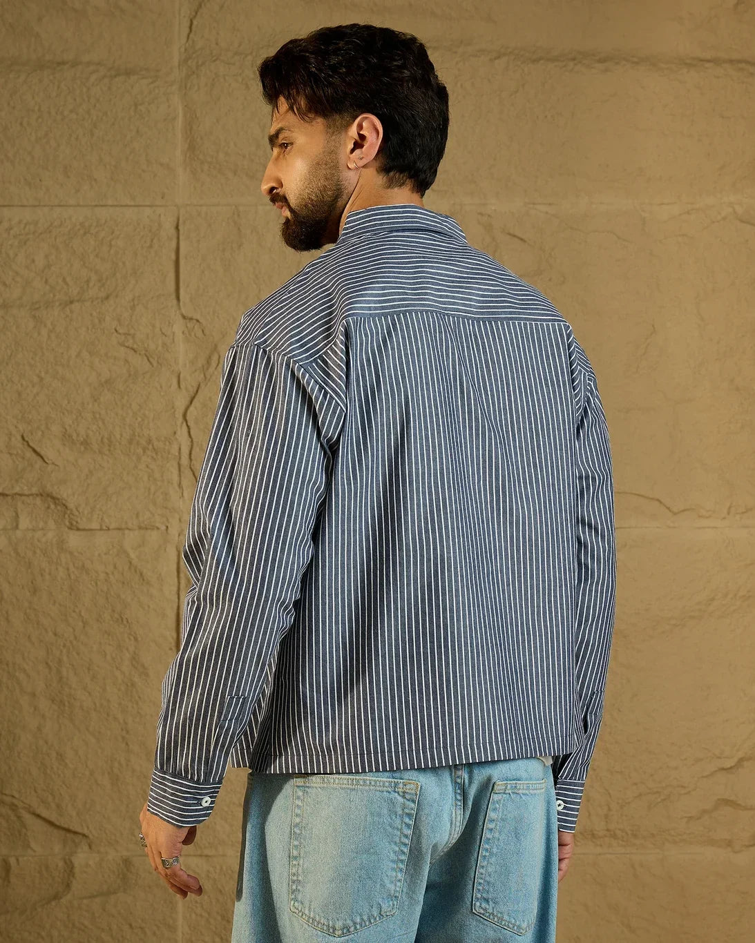 Men’s Blue & White Striped Oversized Casual Shirt