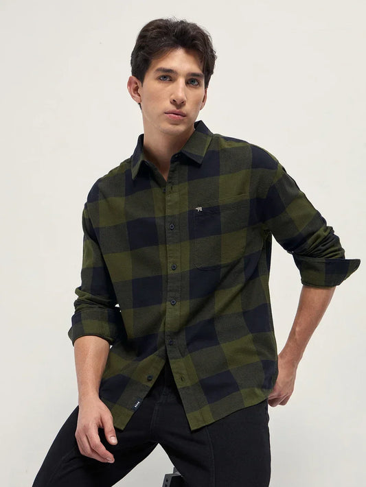 Men's Premium Olive Green Buffalo Check Shirt | Full Sleeve Casual Cotton Shirt
