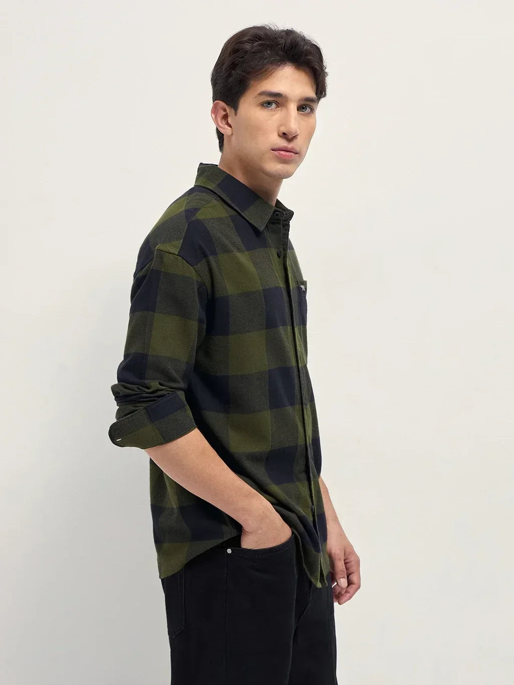 Men's Premium Olive Green Buffalo Check Shirt | Full Sleeve Casual Cotton Shirt