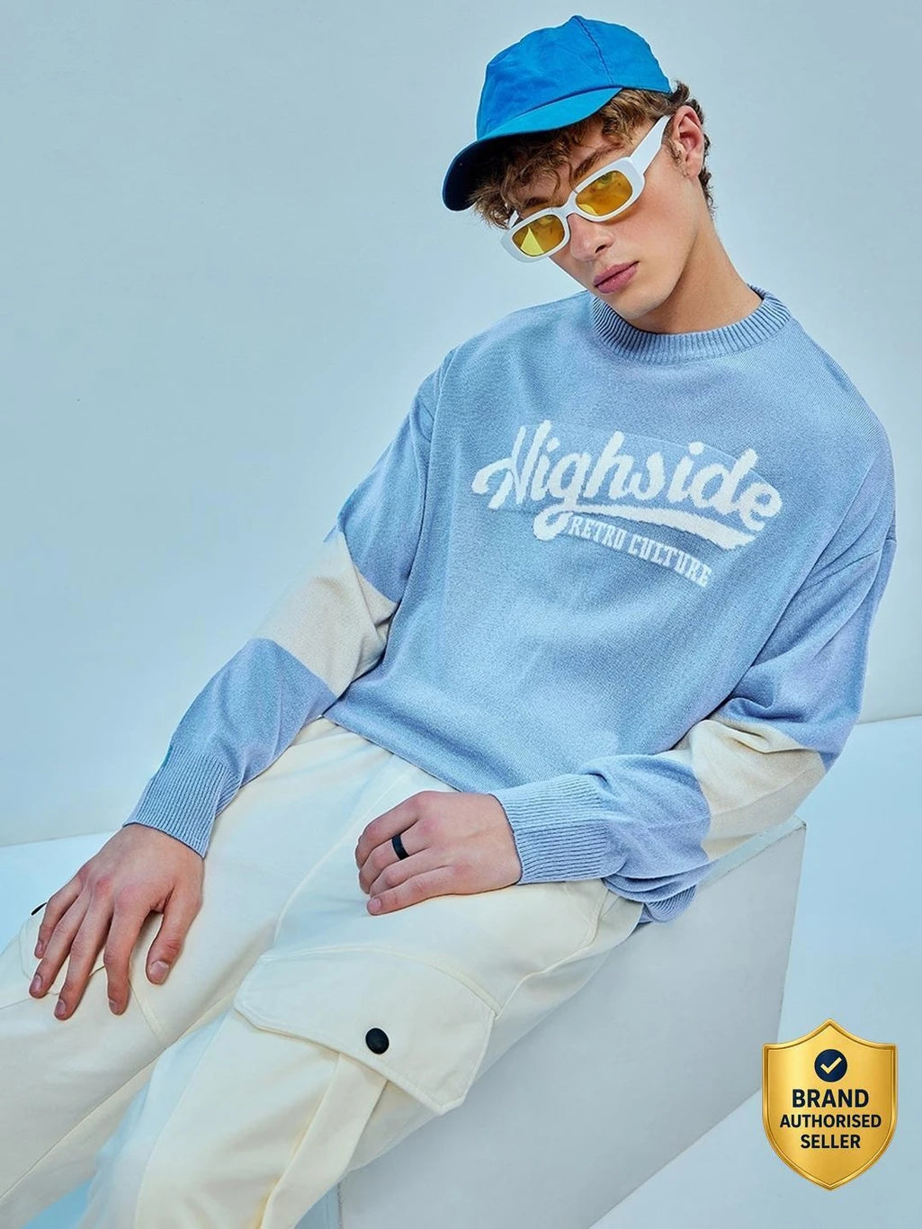 Men Printed Round Neck Blue Sweater