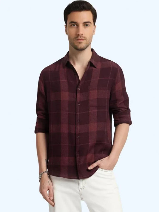 Men's Premium Maroon Checked Cotton Shirt | Full Sleeve Casual Fit Shirt