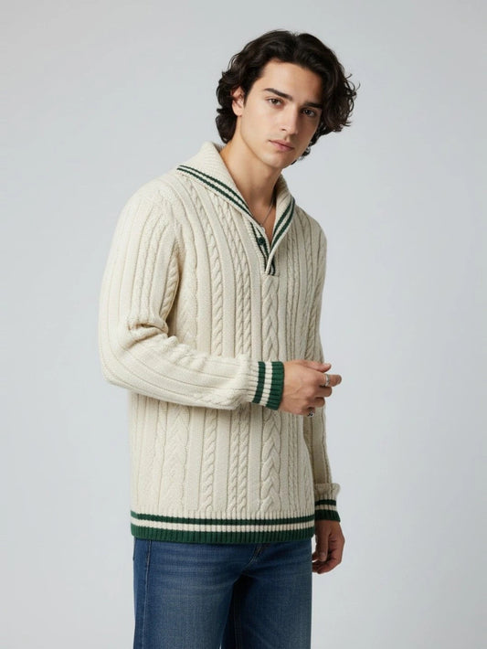 Men Self Design Collared Neck White Sweatshirt