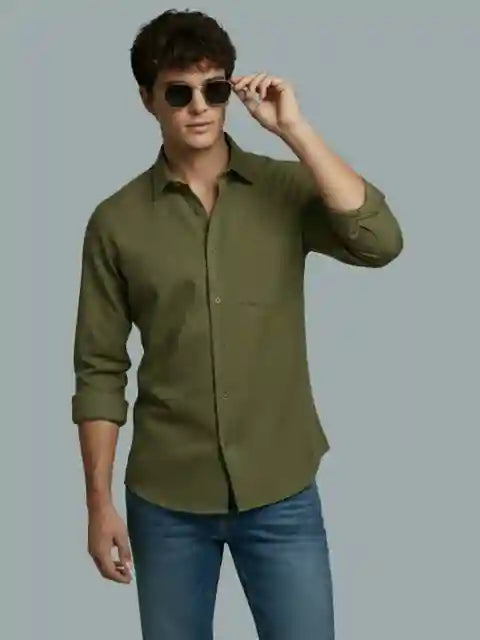 Men's Olive Green Solid Casual Shirt | Premium Cotton Linen Blend | Regular Fit | Full Sleeve