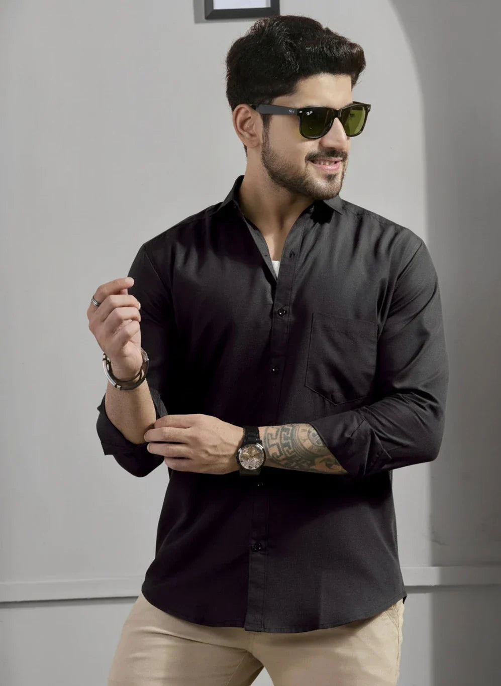 Men’s Solid Black Casual Full-Sleeve Shirt